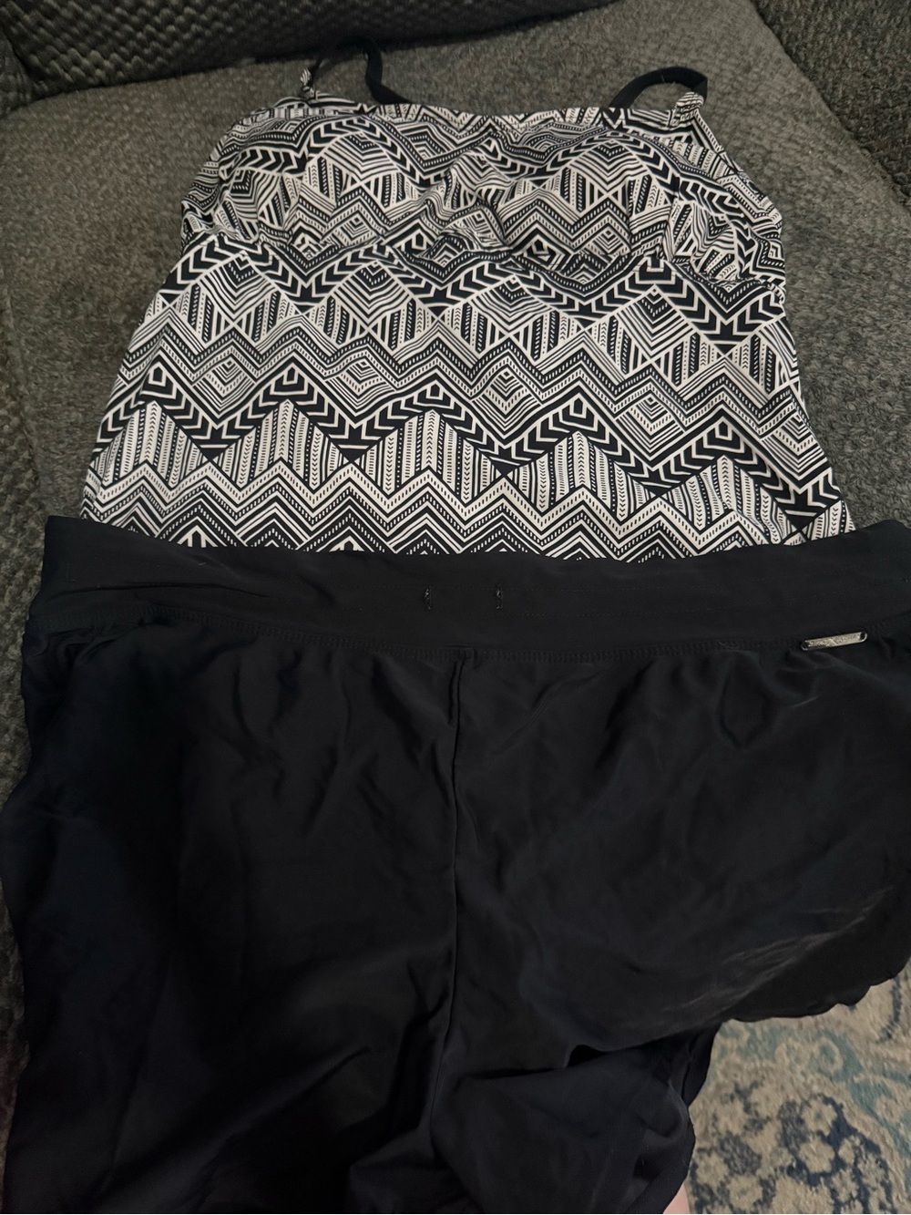 Black & White Geometric Tankini Top with Black Swim Bottoms